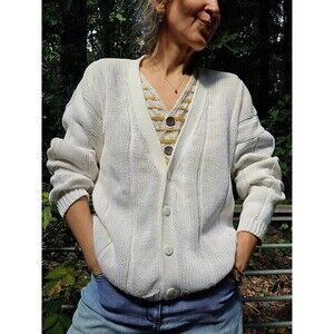 Vintage White Cotton 80s Chunky Knit Cardigan Sweater M L